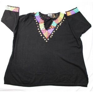Boerek Womens 3X Black Embroidered Tunic With Colorful Patchwork & Coin Accents